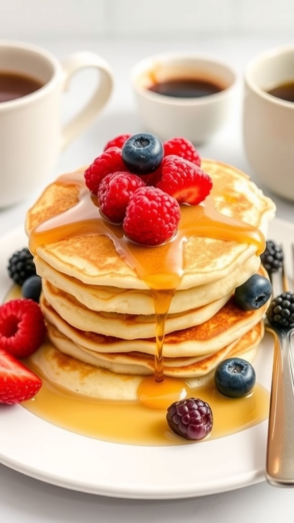 Zero Calorie Pancakes Recipe A stack of fluffy pancakes topped with berries and syrup on a white plate in a bright kitchen.